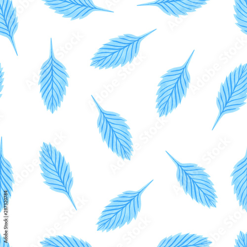 Blue flower with leaf seamless pattern isolated on white. Hand drawn illustration of blue gouache on white paper. Can be used for postcards, packaging, banner, web background.