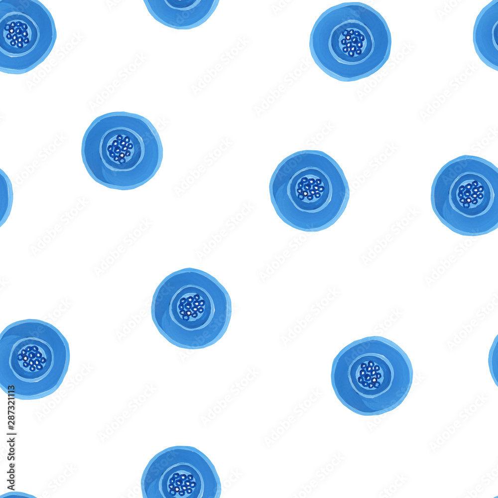 Blue flower seamless pattern isolated on white. Hand drawn illustration of blue gouache on white paper. Can be used for postcards, packaging, banner, web background.