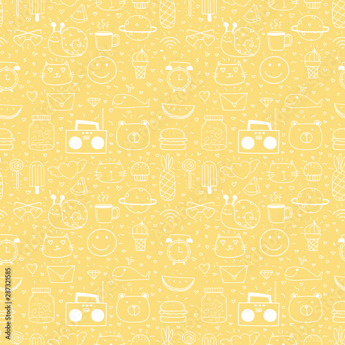 Doodle Cartoon Seamless Pattern Background For Kid. Vector illustration for fabric and gift wrap paper design. © OneyWhyStudio