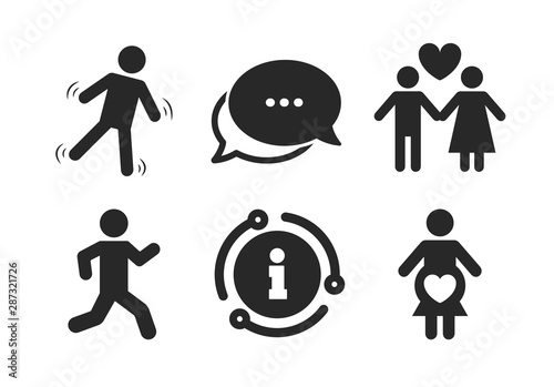 Human running symbol. Chat, info sign. Women pregnancy icon. Man love Woman or Lovers sign. Classic style speech bubble icon. Vector