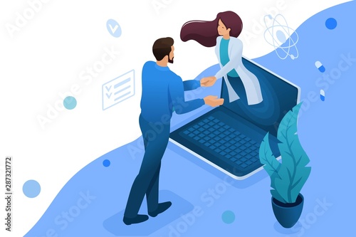 Conclusion of the contract for online consultation of the doctor. Health care concept. 3d isometric Concept for web design