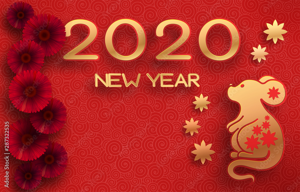 Golden mouse on a textured red background. Template on the theme of the Chinese horoscope. Eastern calendar. Year of the mouse. Free space. Greeting card.
