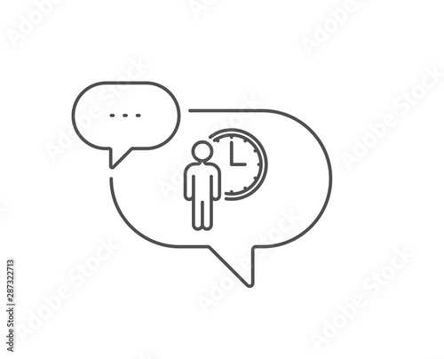 Person waiting line icon. Chat bubble design. Service time sign. Clock symbol. Outline concept. Thin line waiting icon. Vector