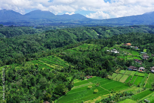 Beautiful drone view of nature, seen from Plaga village, on the way to Kintamani, Bali.