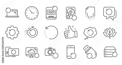Fototapeta Naklejka Na Ścianę i Meble -  Recovery line icons. Backup, Restore data and recover file. Laptop renew, drive repair and phone recovery icons. Linear set. Quality line set. Vector