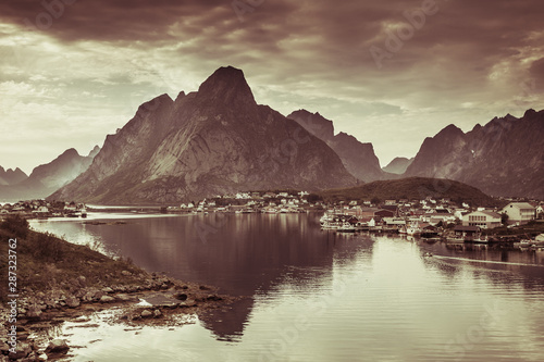 Fjord and mountains landscape. Lofoten islands Norway © Voyagerix
