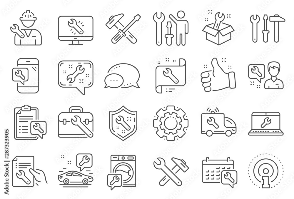 Repair car service line icons. Set of Hammer, Screwdriver and Spanner tool icons. Recovery, Washing machine repair, Car service. Engineer tool, Tech support. Spanner equipment, screwdriver. Vector Repair car service line icons. Set of Hammer, Screwdriver and Spanner tool icons. Recovery, Washing machine repair, Car service. Engineer tool, Tech support. Spanner equipment, screwdriver. Vector