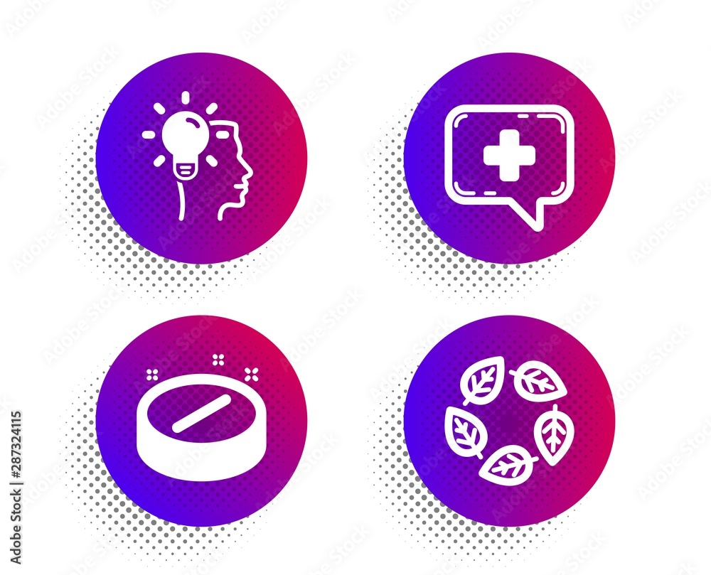 Idea, Medical tablet and Medical chat icons simple set. Halftone dots button. Organic tested sign. Professional job, Medicine pill, Medicine help. Bio ingredients. Science set. Vector Idea, Medical tablet and Medical chat icons simple set. Halftone dots button. Organic tested sign. Professional job, Medicine pill, Medicine help. Bio ingredients. Science set. Vector