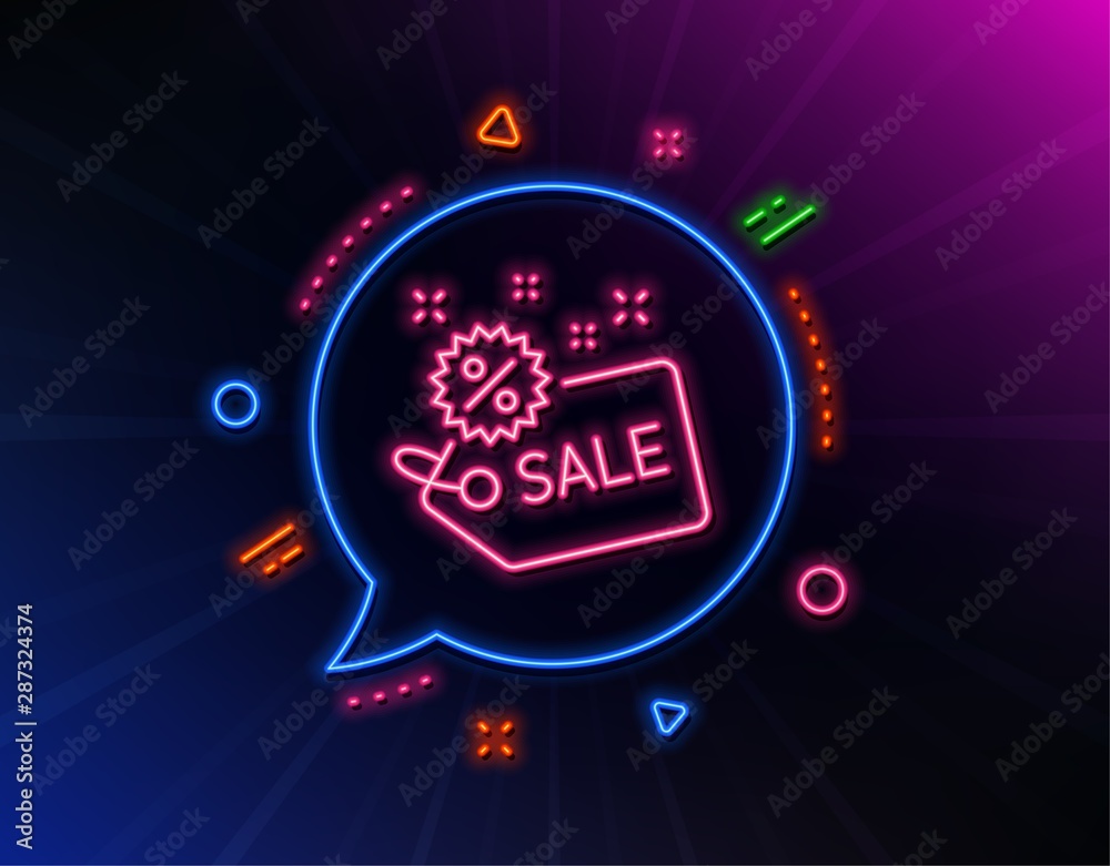 Sale tag line icon. Neon laser lights. Shopping discount sign. Clearance symbol. Glow laser speech bubble. Neon lights chat bubble. Banner badge with sale icon. Vector