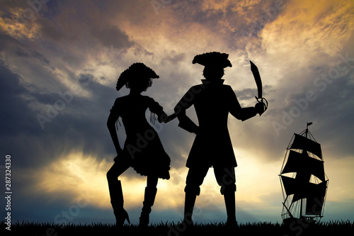 Obraz na plátně illustration of pirates at sunset