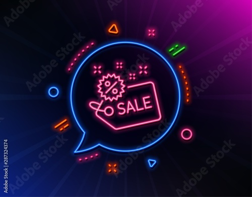 Sale tag line icon. Neon laser lights. Shopping discount sign. Clearance symbol. Glow laser speech bubble. Neon lights chat bubble. Banner badge with sale icon. Vector