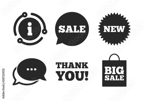 Thank you symbol. Chat, info sign. Sale speech bubble icon. New star circle sign. Big sale shopping bag. Classic style speech bubble icon. Vector