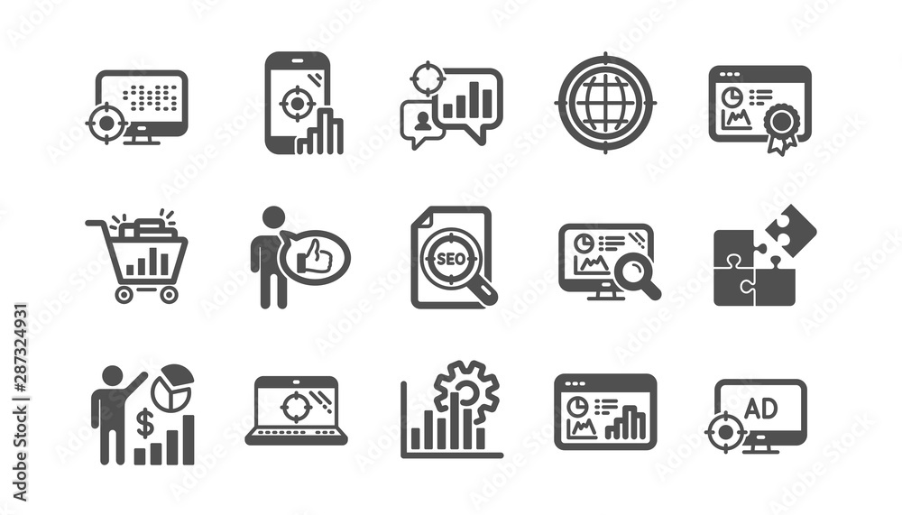 Seo icons. Increase sales, Business strategy and Search optimization. Analytics classic icon set. Quality set. Vector