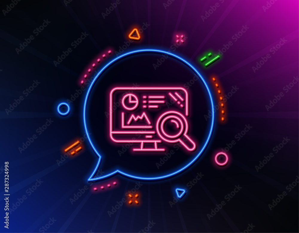 Seo statistics line icon. Neon laser lights. Search engine sign. Analytics chart symbol. Glow laser speech bubble. Neon lights chat bubble. Banner badge with seo analytics icon. Vector