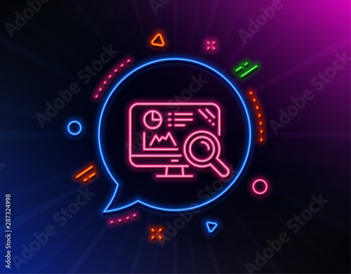 Seo statistics line icon. Neon laser lights. Search engine sign. Analytics chart symbol. Glow laser speech bubble. Neon lights chat bubble. Banner badge with seo analytics icon. Vector