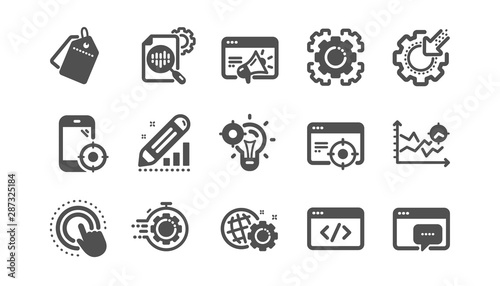Seo icons. Website stats, Target and Increase sales signs. Traffic management, social network and seo optimization icons. Classic set. Quality set. Vector