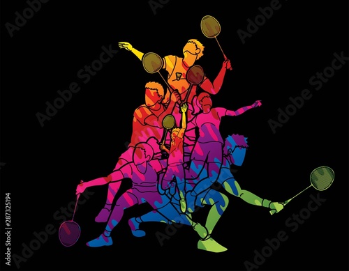 Group of Badminton players action cartoon graphic vector.