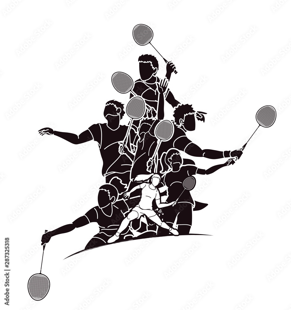 Group of Badminton players action cartoon graphic vector.