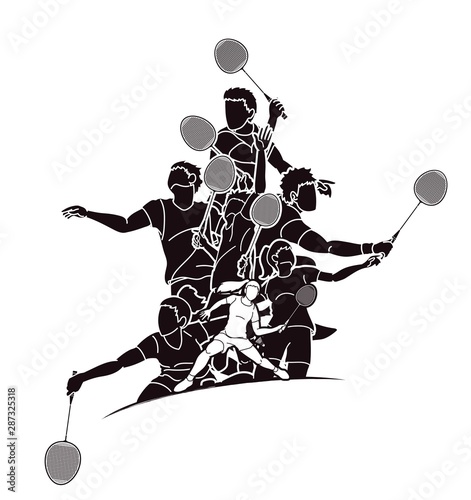 Group of Badminton players action cartoon graphic vector.