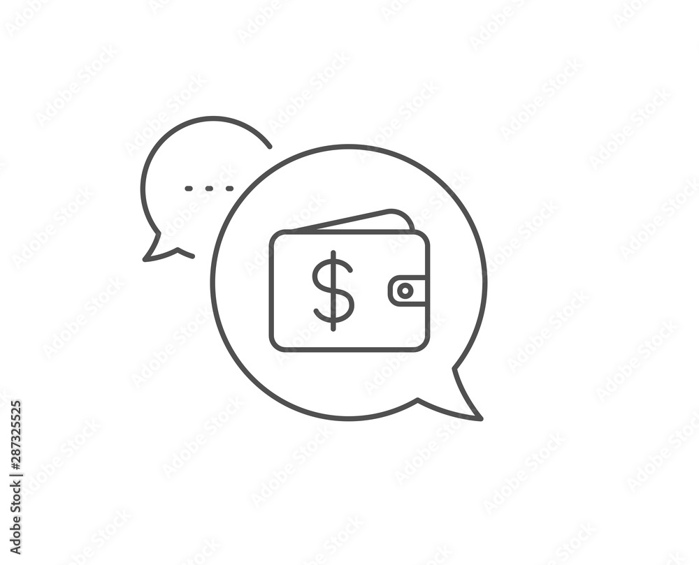 Shopping Wallet line icon. Chat bubble design. Dollar sign. USD Money pocket symbol. Outline concept. Thin line dollar wallet icon. Vector Shopping Wallet line icon. Chat bubble design. Dollar sign. USD Money pocket symbol. Outline concept. Thin line dollar wallet icon. Vector