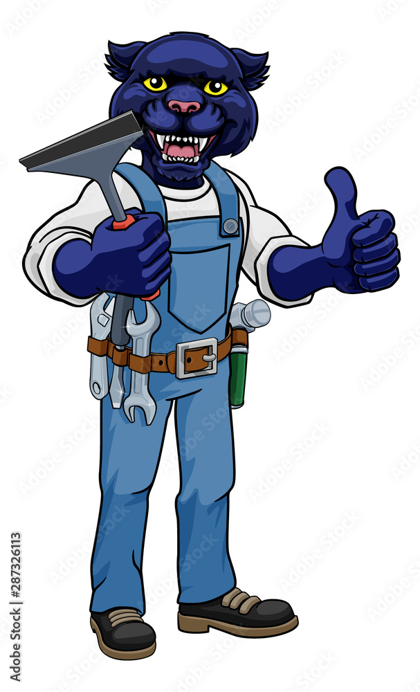 A panther cartoon mascot car or window cleaner holding a squeegee tool and giving a thumbs up A panther cartoon mascot car or window cleaner holding a squeegee tool and giving a thumbs up