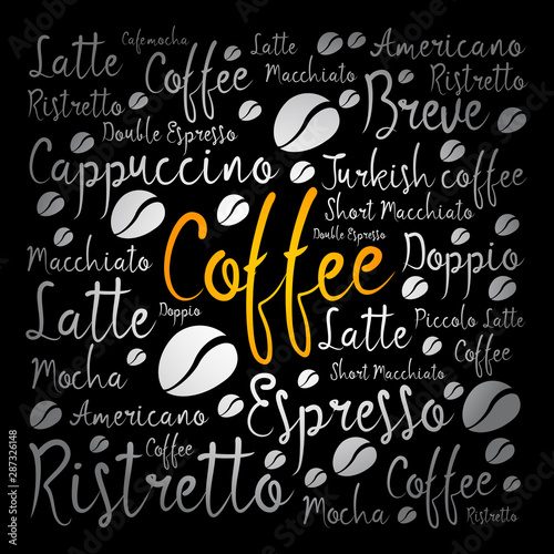 List of coffee drinks words cloud collage, poster background © dizain