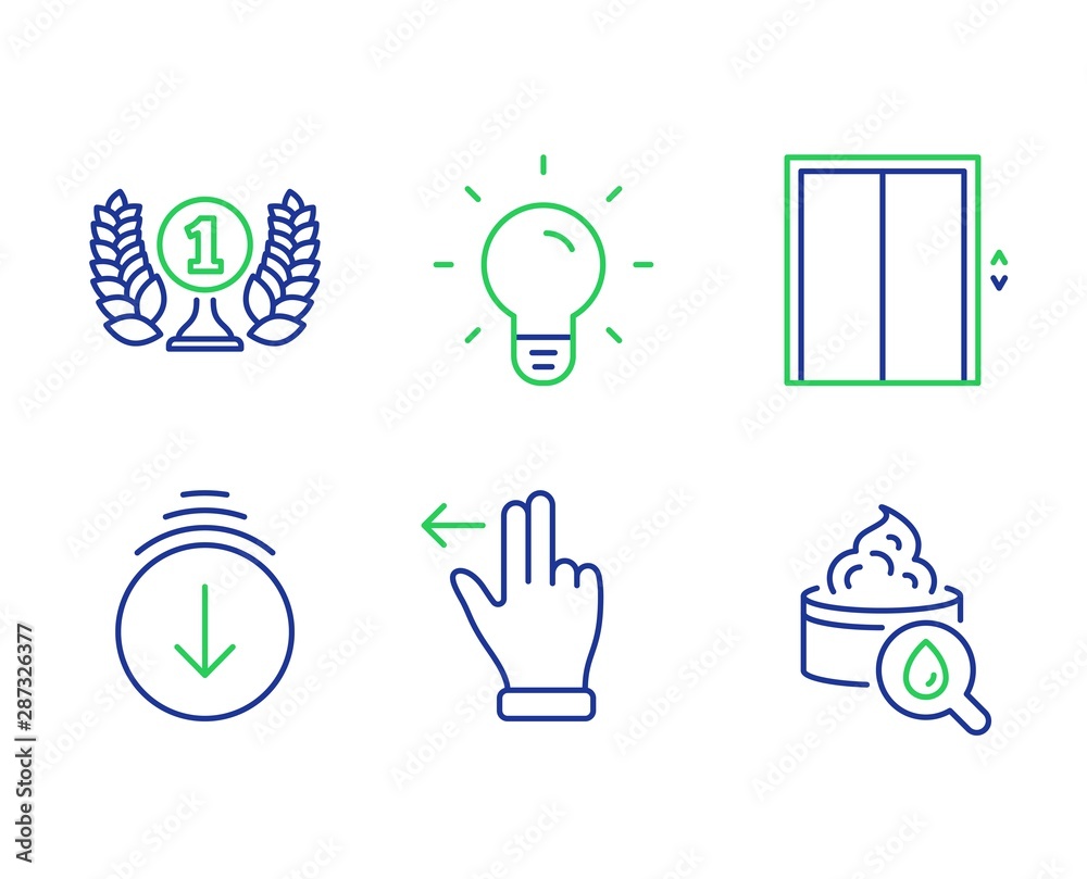 Lift, Laureate award and Scroll down line icons set. Touchscreen gesture, Light bulb and Moisturizing cream signs. Elevator, Prize, Swipe screen. Slide left. Business set. Vector Lift, Laureate award and Scroll down line icons set. Touchscreen gesture, Light bulb and Moisturizing cream signs. Elevator, Prize, Swipe screen. Slide left. Business set. Vector