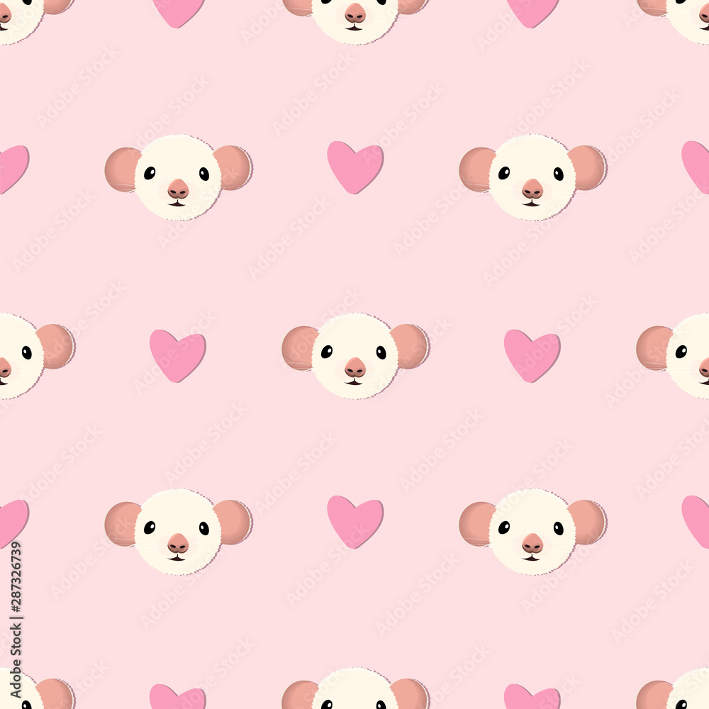 Funny baby pattern with cute mouse with bow and hearts. Childish illustration