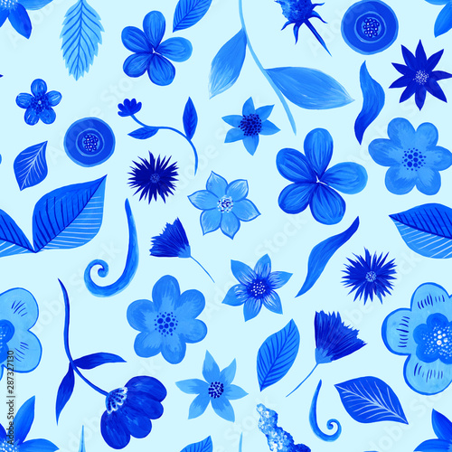 Seamless pattern of blue flowers, leaves and stems hand-drawn on a light blue BG. Illustration created in gouache in blue tones. Can be used as print, packaging, web background, decor for greeting 