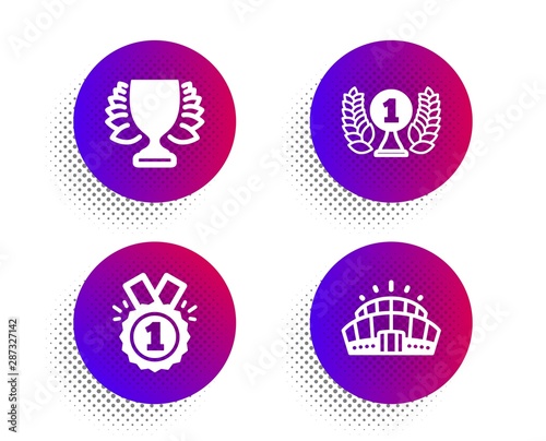 Laureate award, Winner and Approved icons simple set. Halftone dots button. Arena stadium sign. Prize, Sports achievement, Winner badge. Competition building. Sports set. Vector