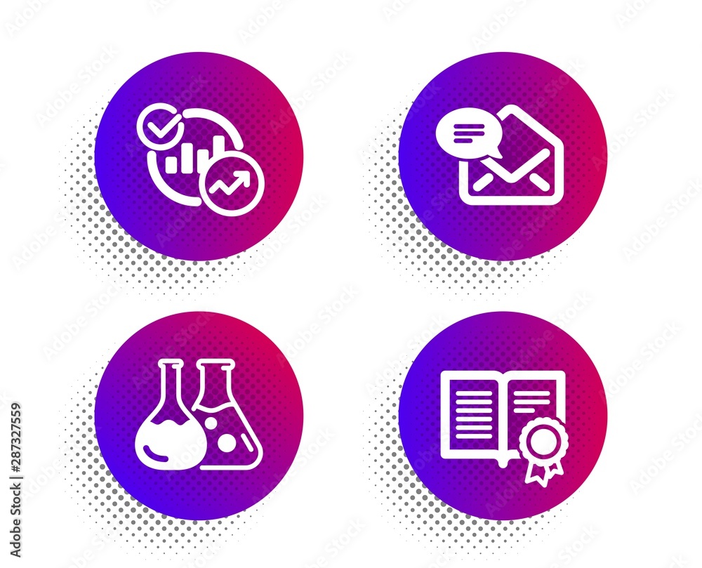 Chemistry lab, Statistics and New mail icons simple set. Halftone dots button. Diploma sign. Laboratory, Report charts, Received e-mail. Document with badge. Education set. Vector