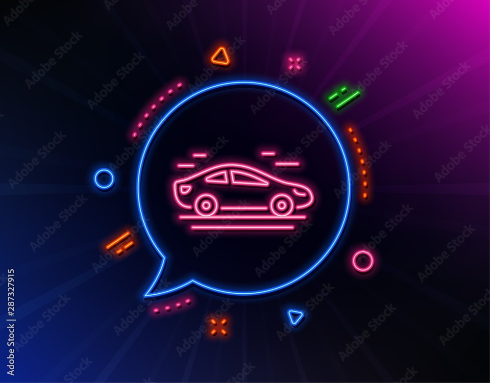 Car transport line icon. Neon laser lights. Transportation vehicle sign. Driving symbol. Glow laser speech bubble. Neon lights chat bubble. Banner badge with car icon. Vector