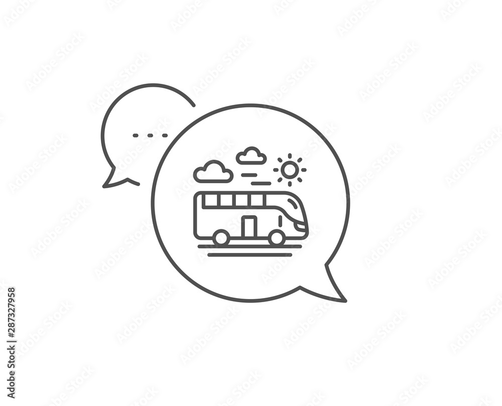 Bus travel line icon. Chat bubble design. Trip transport sign. Holidays vehicle symbol. Outline concept. Thin line bus travel icon. Vector Bus travel line icon. Chat bubble design. Trip transport sign. Holidays vehicle symbol. Outline concept. Thin line bus travel icon. Vector