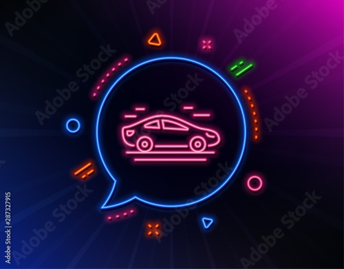 Car transport line icon. Neon laser lights. Transportation vehicle sign. Driving symbol. Glow laser speech bubble. Neon lights chat bubble. Banner badge with car icon. Vector