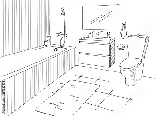 Bathroom graphic home interior black white sketch illustration vector
