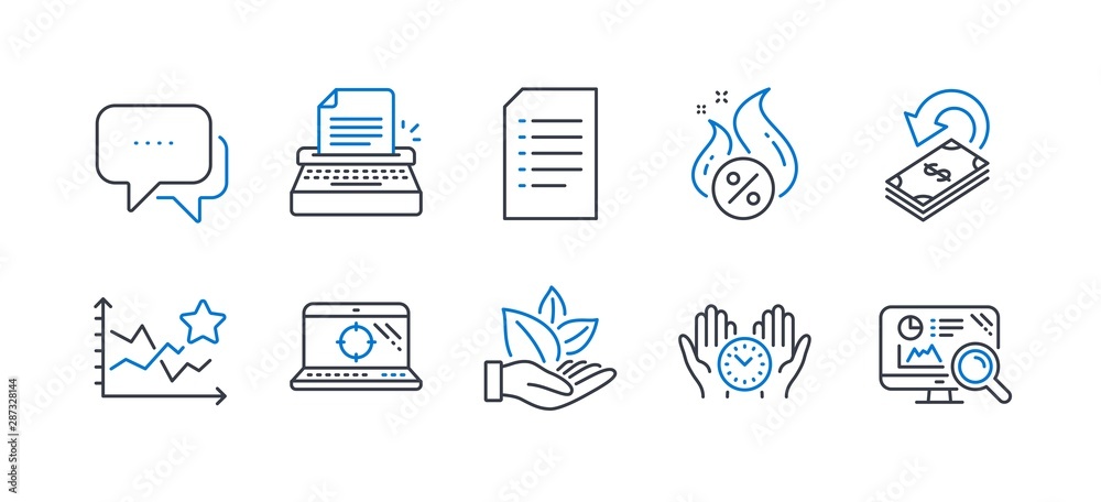 Set of Technology icons, such as Safe time, Seo laptop, Message, Ranking stars, Typewriter, Cashback, Organic product, Document, Hot loan, Seo analytics line icons. Management, Search engine. Vector Set of Technology icons, such as Safe time, Seo laptop, Message, Ranking stars, Typewriter, Cashback, Organic product, Document, Hot loan, Seo analytics line icons. Management, Search engine. Vector