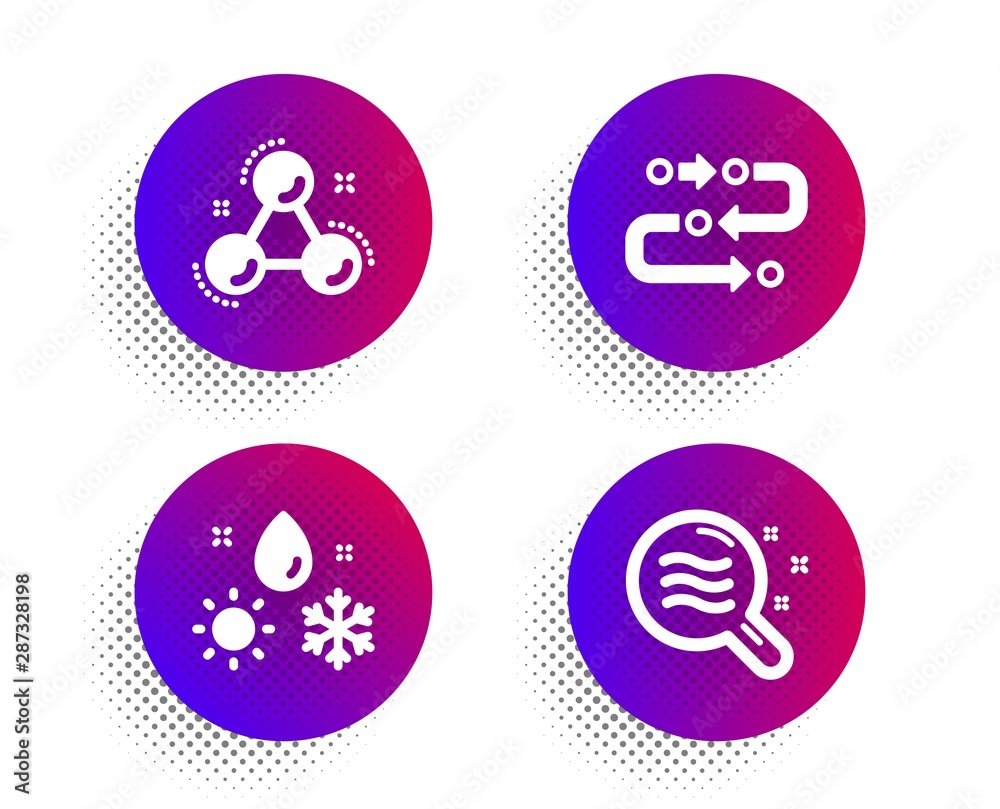 Weather, Chemistry molecule and Methodology icons simple set. Halftone dots button. Skin condition sign. Climate, Laboratory atom, Development process. Search magnifier. Science set. Vector