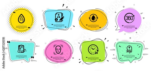 Prescription drugs, 24 hours and 360 degrees line icons set. Chat bubbles with quotes. Swipe up, Ph neutral and Algorithm signs. Cold-pressed oil, Face detection symbols. Pills, Time. Vector