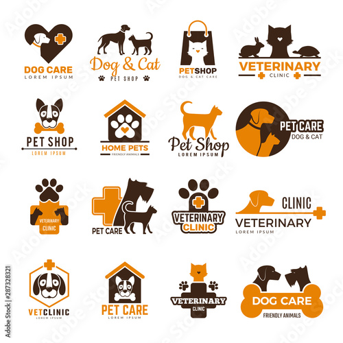 Vet clinic logo. Pets shop cats dogs domestic animals protection friendly funny symbols vector collection. Illustration vector logo kitty, domestic animal shop, dog and cat care