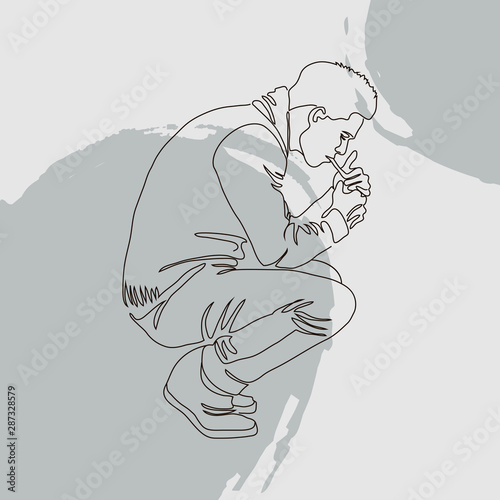 young guy smokes. grey background. vector illustration.