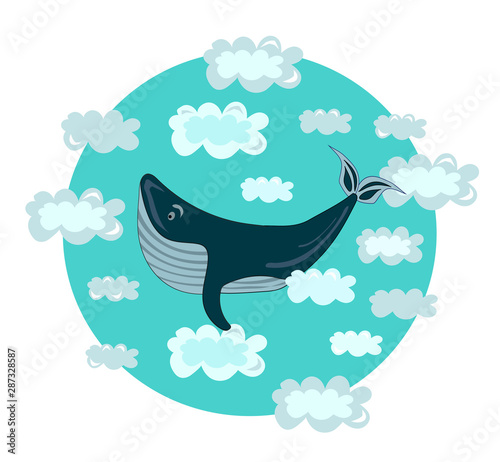 Vector cute  kawaii childish print. Whale flying in the blue clouds. Motivation concept.