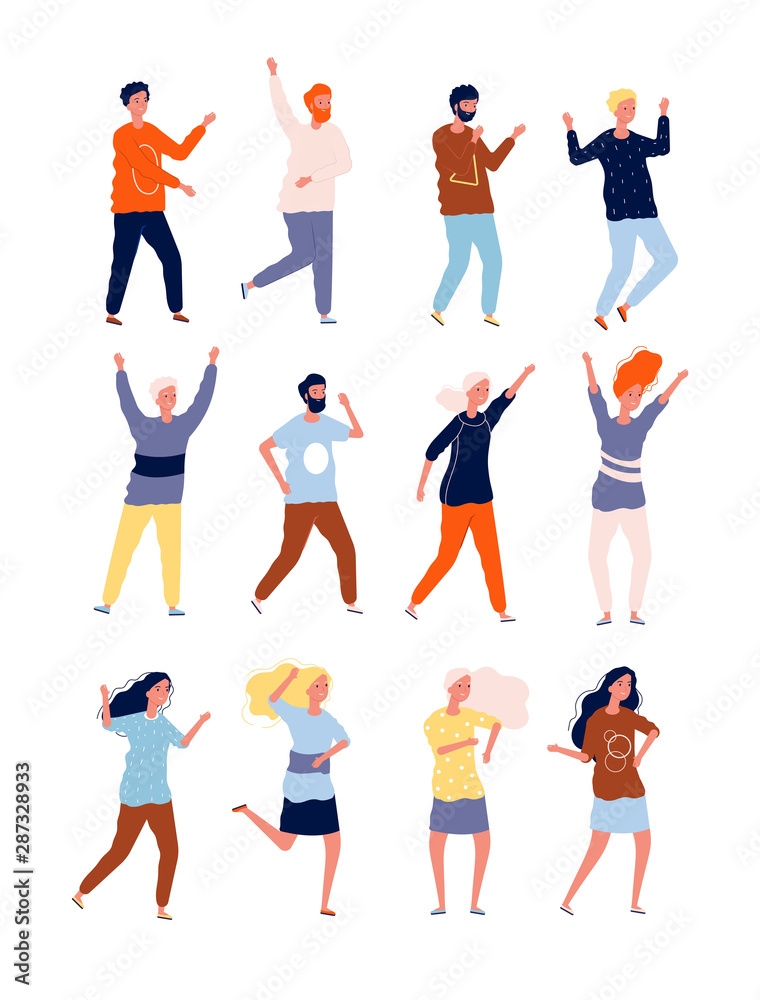Happy dancers. Party happy people night club crowd dancers stylized characters vector collection. Illustration dancer party club, people disco festival