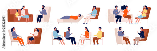 Psychologist. Group therapy couch talking medical consultant sitting family consulting vector characters. Professional psychotherapy talking, psychology counseling illustration