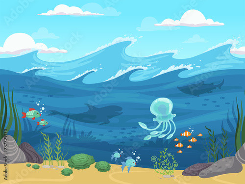 Underwater seamless. 2d game water landscape with fishes and algae water plants horizon vector background. Illustration jellyfish in tropical ocean, landscape wild sea life