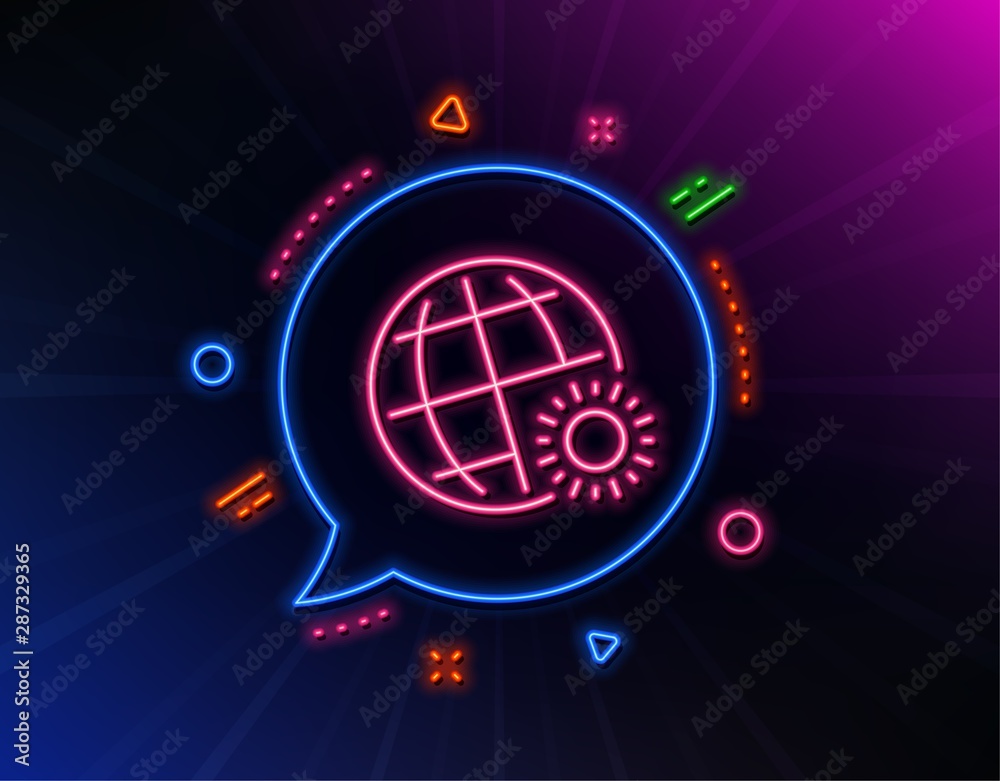 World weather line icon. Neon laser lights. Sun with globe sign. Hot season symbol. Glow laser speech bubble. Neon lights chat bubble. Banner badge with world weather icon. Vector