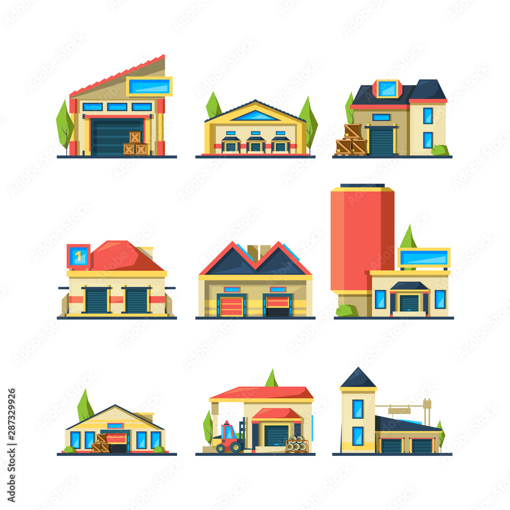 Warehouse flat. Industrial buildings empty construction factory vector houses for packages and different items. Illustration building architecture, warehouse and garage