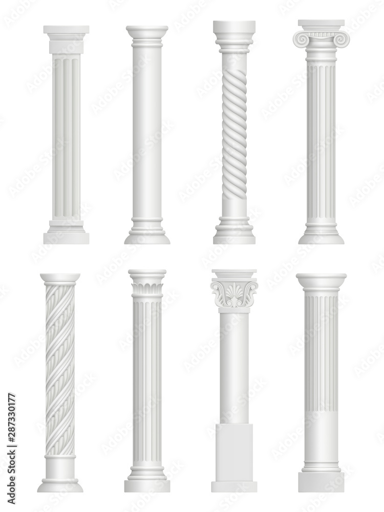 Antique pillars. Baroque column for facade roman architectural style vector realistic collection. Architecture construction, greek antique pillar for building illustration