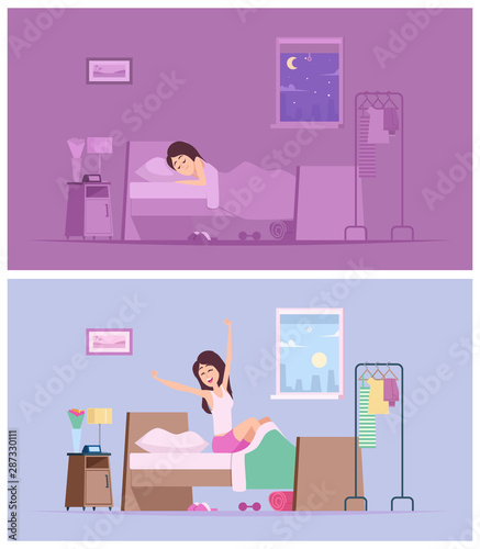 Sleeping girl. Wake up joyful woman morning stretching in bed vector cartoon illustrations. Awake in bed, happy girl wake up in bed morning