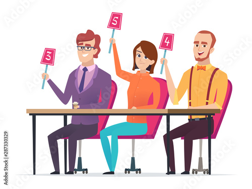 Jury with marks. Judged with scorecards smart entertainment television competition characters vector sitting jury. Jury score group, committee with scorecard illustration