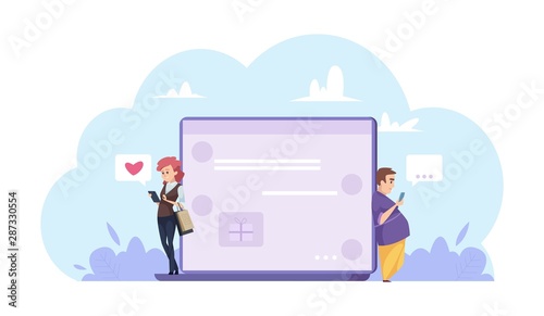 Online dating concept. Man and woman chatting online. Cartoon character people, laptop, chat. Character woman and man online, internet dating network illustration